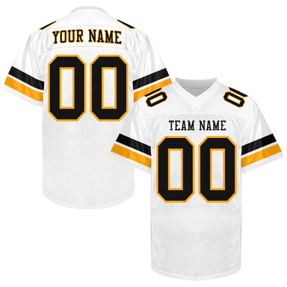 Custom White Football Jersey Men Women Youth Kid, White Black Gold Football Shirts Sports Uniform Name Number Logo Uniform Fan Gift Outfit