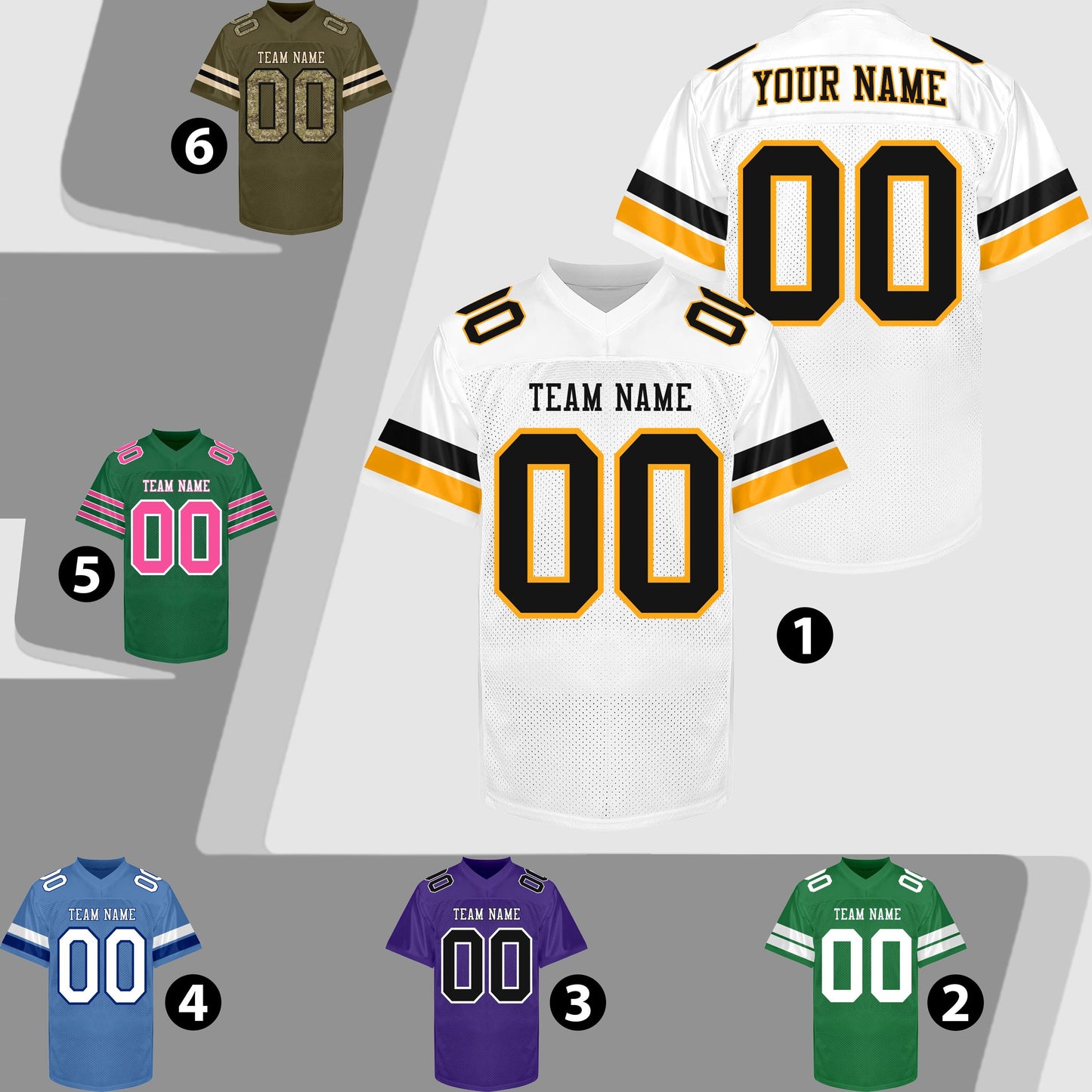 Custom White Football Jersey Men Women Youth Kid, White Black Gold Football Shirts Sports Uniform Name Number Logo Uniform Fan Gift Outfit