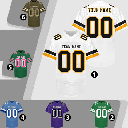 Custom White Football Jersey Men Women Youth Kid, White Black Gold Football Shirts Sports Uniform Name Number Logo Uniform Fan Gift Outfit