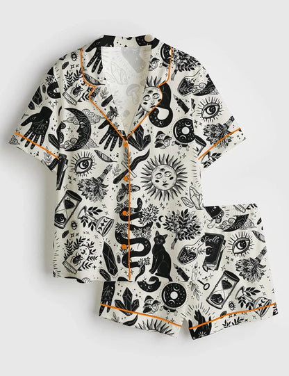 Women’s Cute Ghosts And Pumpkins Halloween Short Sleeve Satin Pajama Set, PJ short Long Gift For Women