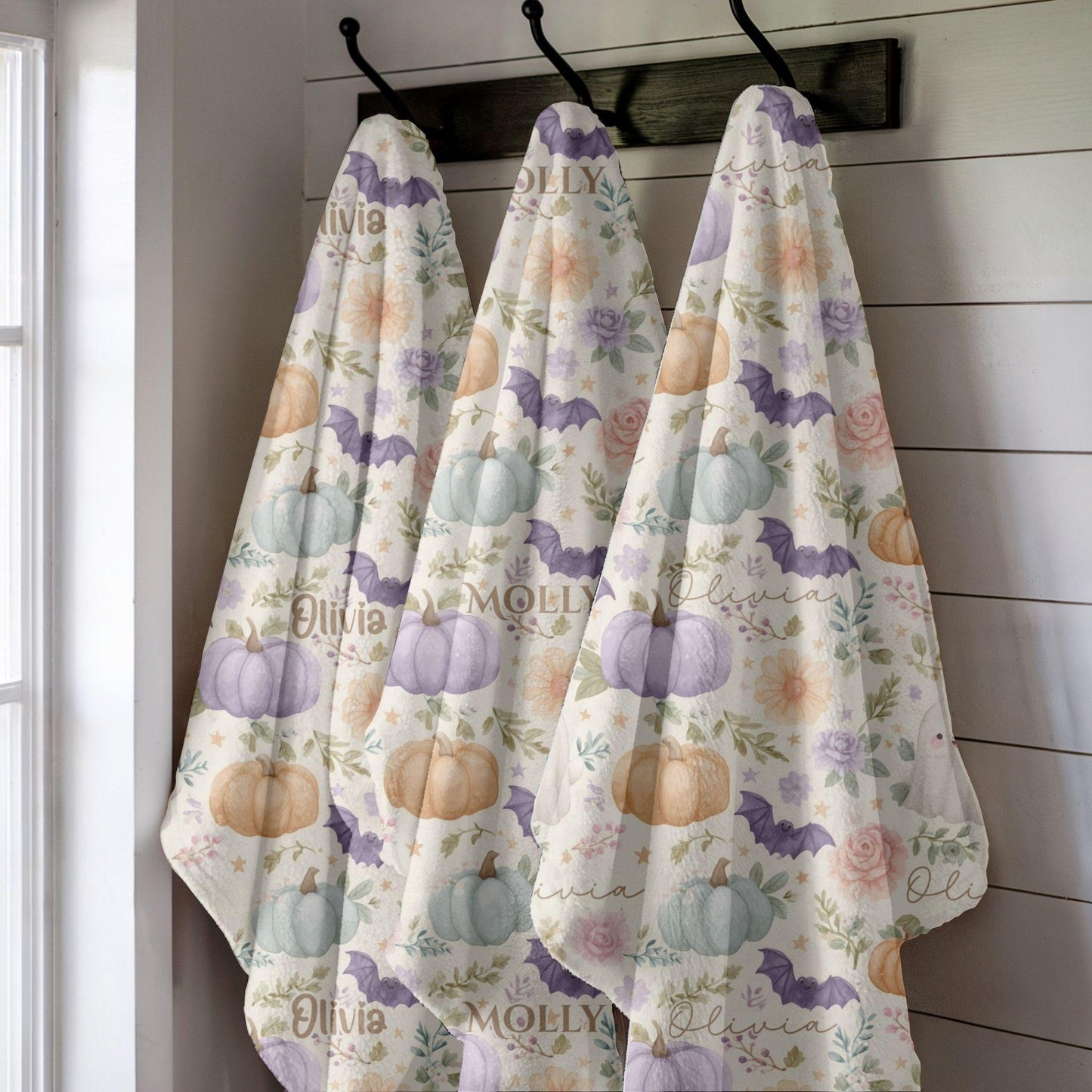 Custom Halloween Ghost Blanket, Personalized Spooky Fall Floral Throw, Bat Pumpkin Kid's Adult Blanket, Kawaii Name on Blanket Gift for Her