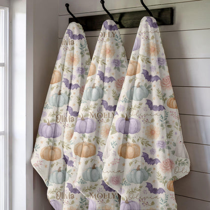 Custom Halloween Ghost Blanket, Personalized Spooky Fall Floral Throw, Bat Pumpkin Kid's Adult Blanket, Kawaii Name on Blanket Gift for Her