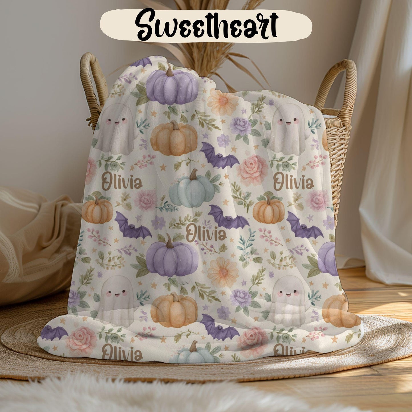 Custom Halloween Ghost Blanket, Personalized Spooky Fall Floral Throw, Bat Pumpkin Kid's Adult Blanket, Kawaii Name on Blanket Gift for Her