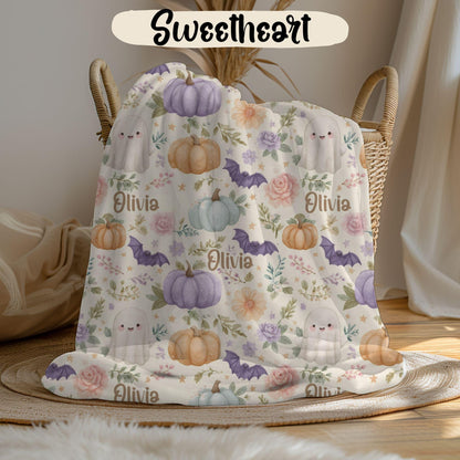 Custom Halloween Ghost Blanket, Personalized Spooky Fall Floral Throw, Bat Pumpkin Kid's Adult Blanket, Kawaii Name on Blanket Gift for Her