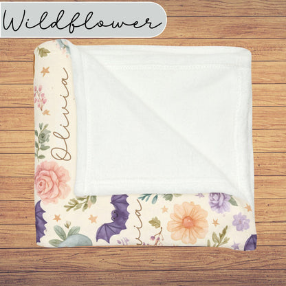 Custom Halloween Ghost Blanket, Personalized Spooky Fall Floral Throw, Bat Pumpkin Kid's Adult Blanket, Kawaii Name on Blanket Gift for Her