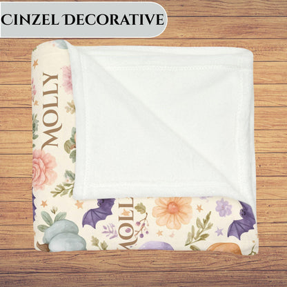 Custom Halloween Ghost Blanket, Personalized Spooky Fall Floral Throw, Bat Pumpkin Kid's Adult Blanket, Kawaii Name on Blanket Gift for Her