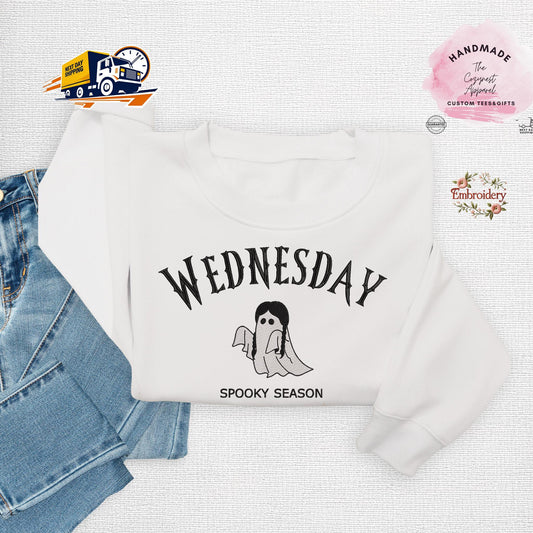 Embroidered Wednesday Halloween Sweatshirt, Spooky Season Birthday Crewneck, Cute Wednesday TV Show Fall Pullover, Gothic Party Top