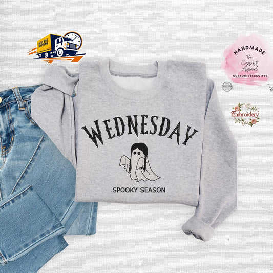Embroidered Wednesday Halloween Sweatshirt, Spooky Season Birthday Crewneck, Cute Wednesday TV Show Fall Pullover, Gothic Party Top