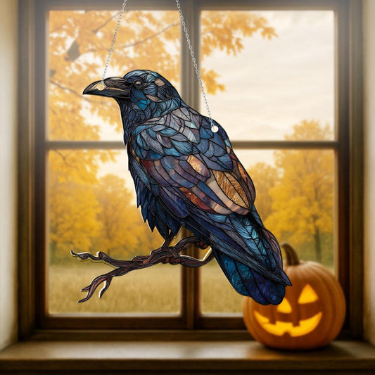 Raven window hanging decor,mystical crow ornament for gothic home,fall window decoration,spooky bird art for Halloween lovers,halloween gift