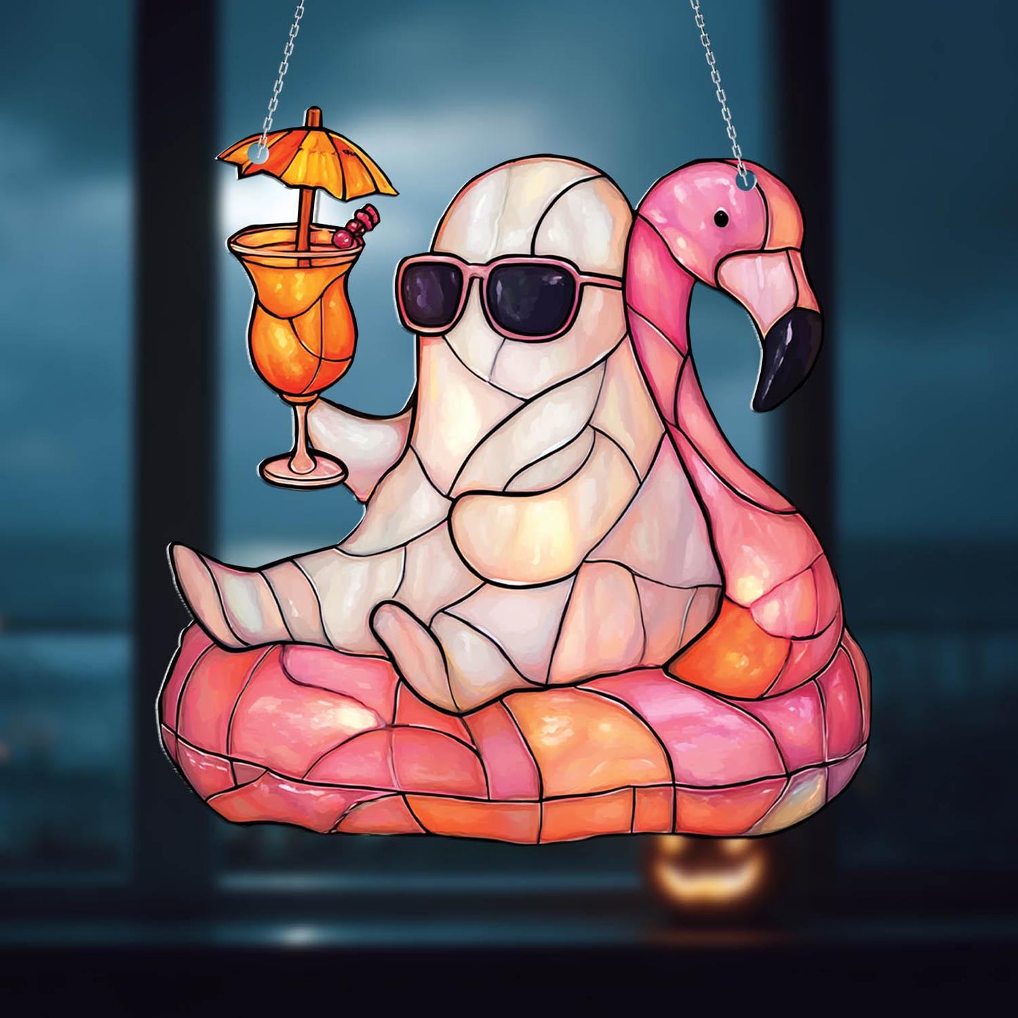 Funny Ghost on Flamingo Float Window Hanging, Summer Beach Decor with Drink and Shades, Cute Halloween Gift for Ghost Lovers