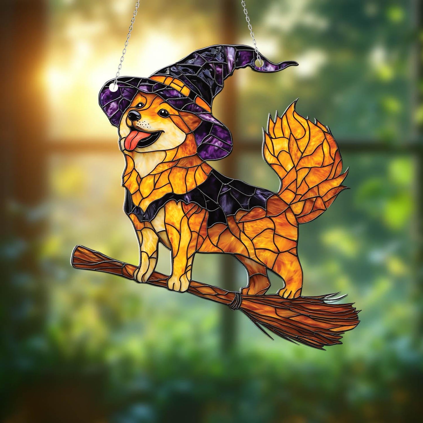 Cute Witch Dog Window Hanging with Purple Hat and Flying Broom, Halloween Fall Decor for Dog Moms, Shiba Inu Style Gift Idea
