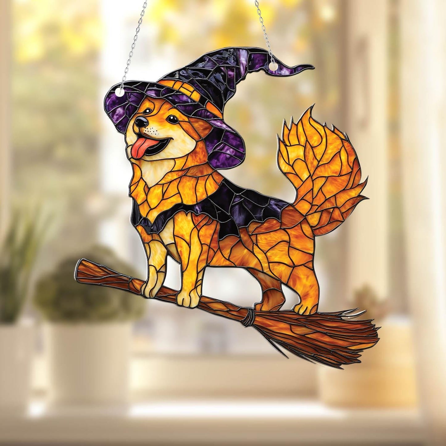 Cute Witch Dog Window Hanging with Purple Hat and Flying Broom, Halloween Fall Decor for Dog Moms, Shiba Inu Style Gift Idea