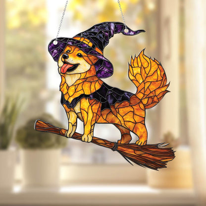 Cute Witch Dog Window Hanging with Purple Hat and Flying Broom, Halloween Fall Decor for Dog Moms, Shiba Inu Style Gift Idea