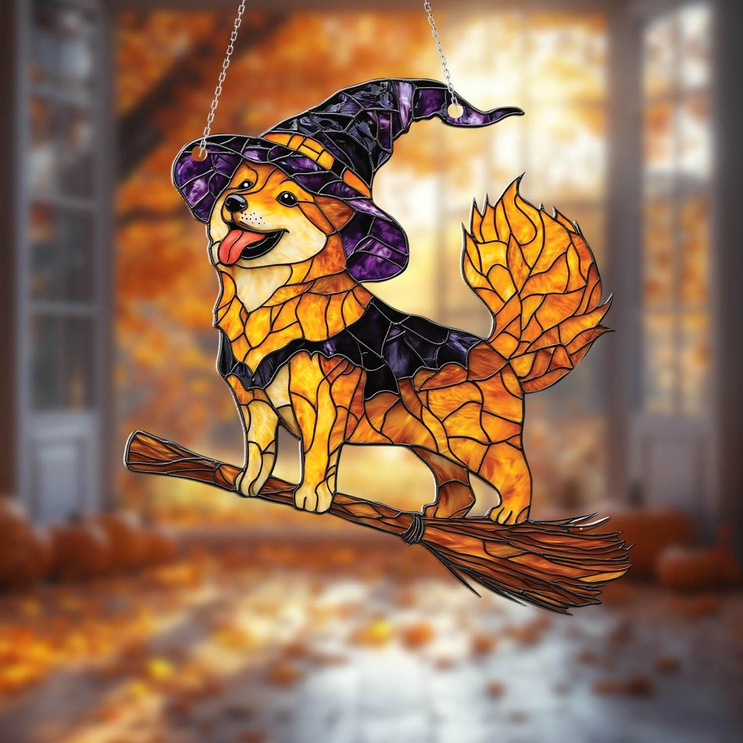 Cute Witch Dog Window Hanging with Purple Hat and Flying Broom, Halloween Fall Decor for Dog Moms, Shiba Inu Style Gift Idea
