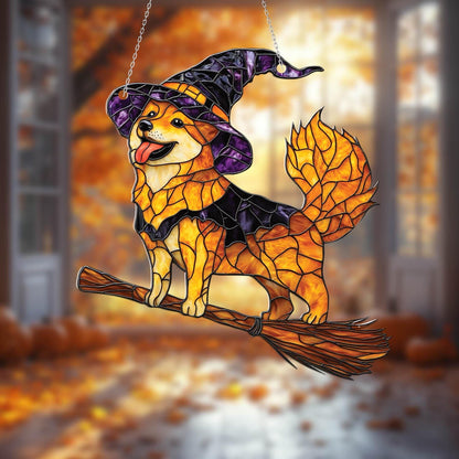 Cute Witch Dog Window Hanging with Purple Hat and Flying Broom, Halloween Fall Decor for Dog Moms, Shiba Inu Style Gift Idea