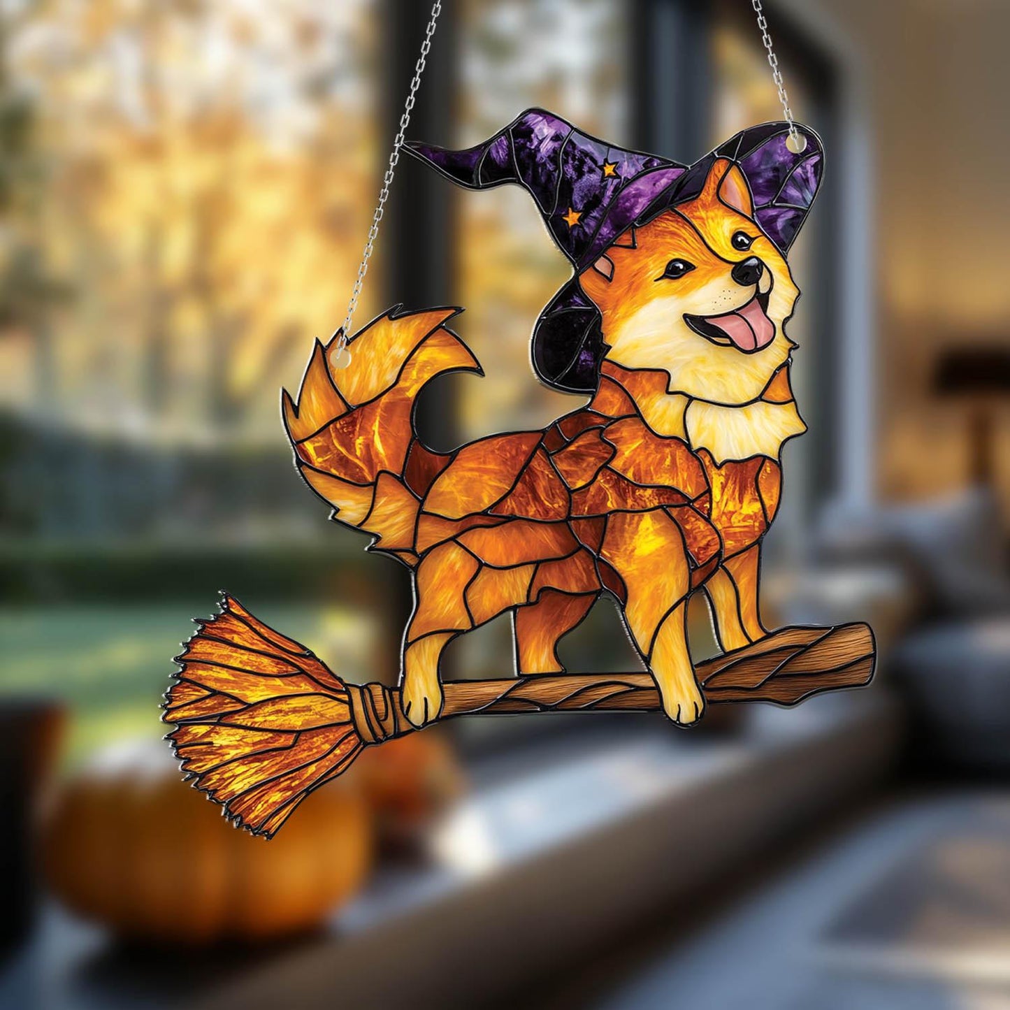 Cute Witch Dog Window Hanging with Purple Hat and Flying Broom, Halloween Fall Decor for Dog Moms, Shiba Inu Style Gift Idea
