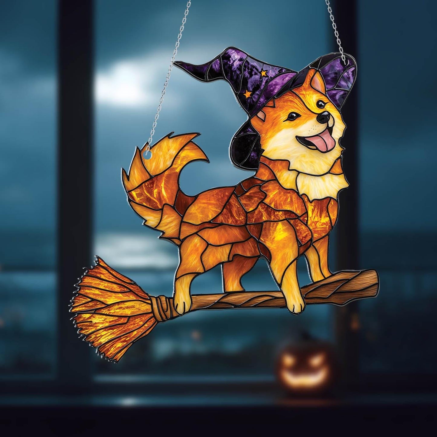 Cute Witch Dog Window Hanging with Purple Hat and Flying Broom, Halloween Fall Decor for Dog Moms, Shiba Inu Style Gift Idea