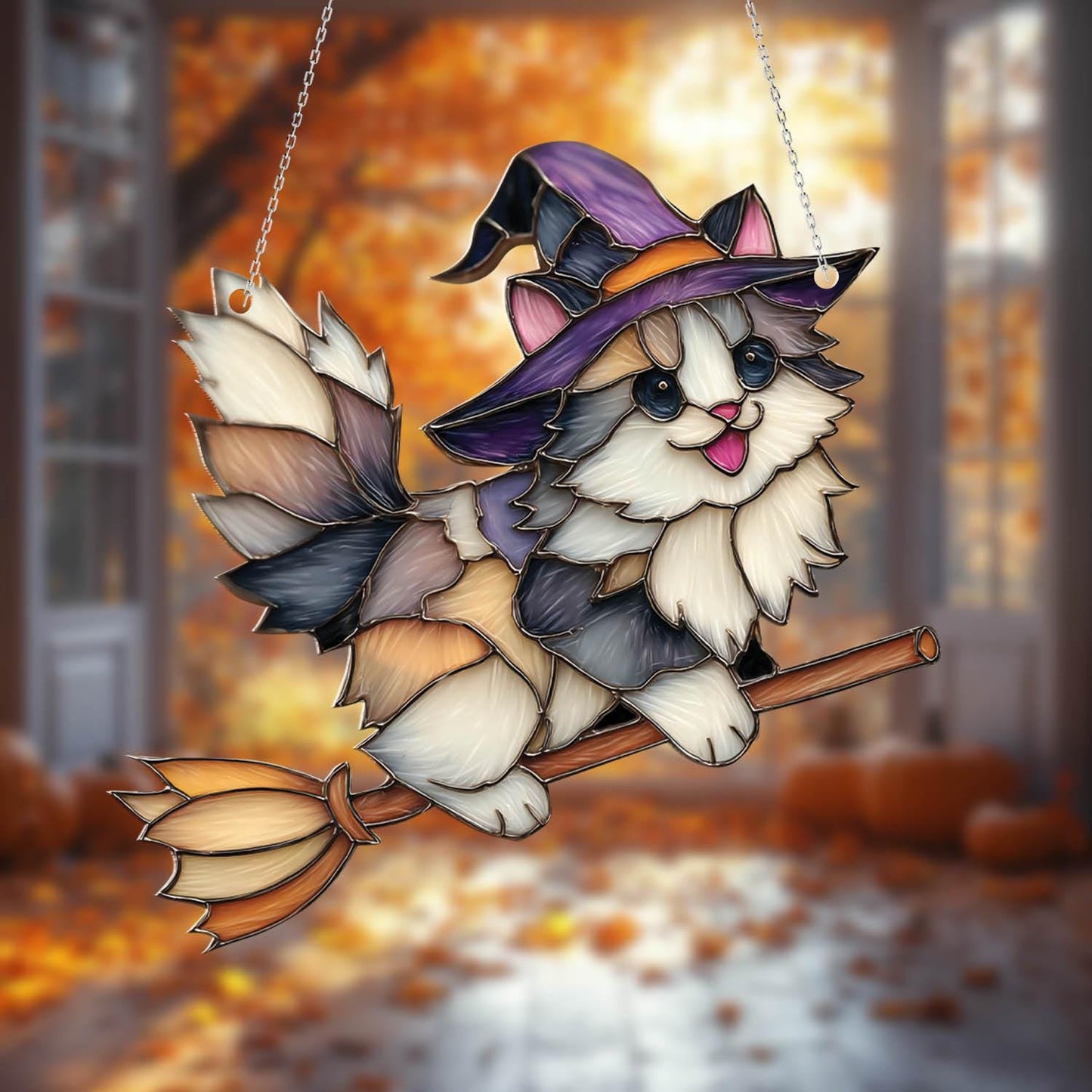 Adorable Witch Cat Window Hanging with Flying Broom and Hat, Halloween Fall Decor for Cat Lovers, Cute Feline Gift for Her