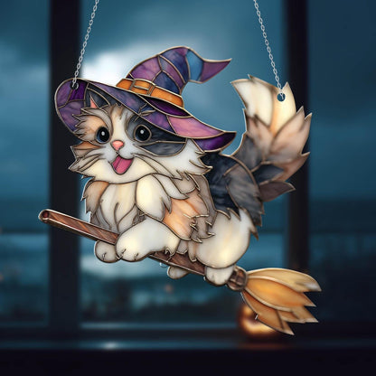 Adorable Witch Cat Window Hanging with Flying Broom and Hat, Halloween Fall Decor for Cat Lovers, Cute Feline Gift for Her