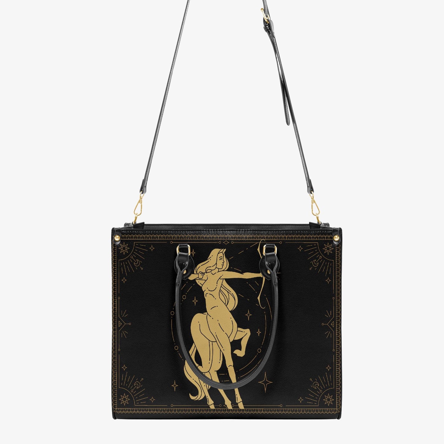 Sagittarius Zodiac Handbag | Celestial Archer Purse | Black Gold Astrology Bag | Mystical Moon Star PU Leather | Gift for Her