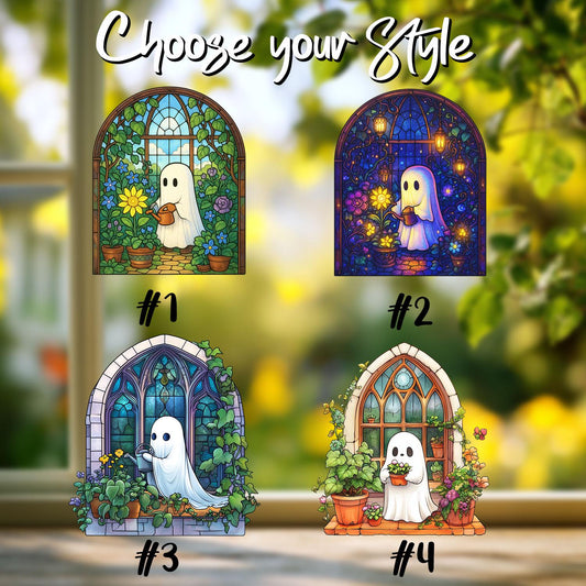 Ghost garden window hanging – glowing ghost watering flowers, cozy spooky floral decor for witchy homes and magical cottagecore windows