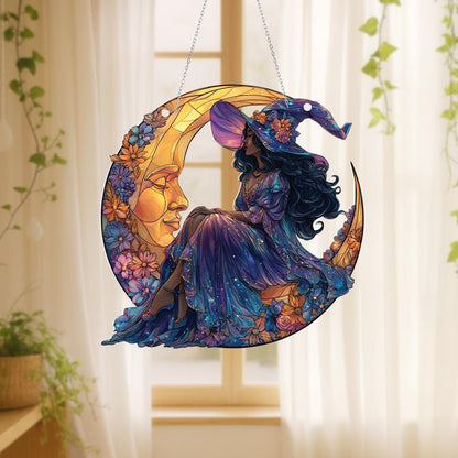 Celestial witch moon window hanging,floral witch sitting on crescent moon decor,magical boho wall art for witchy homes, cosmic window lovers