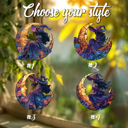 Celestial witch moon window hanging,floral witch sitting on crescent moon decor,magical boho wall art for witchy homes, cosmic window lovers
