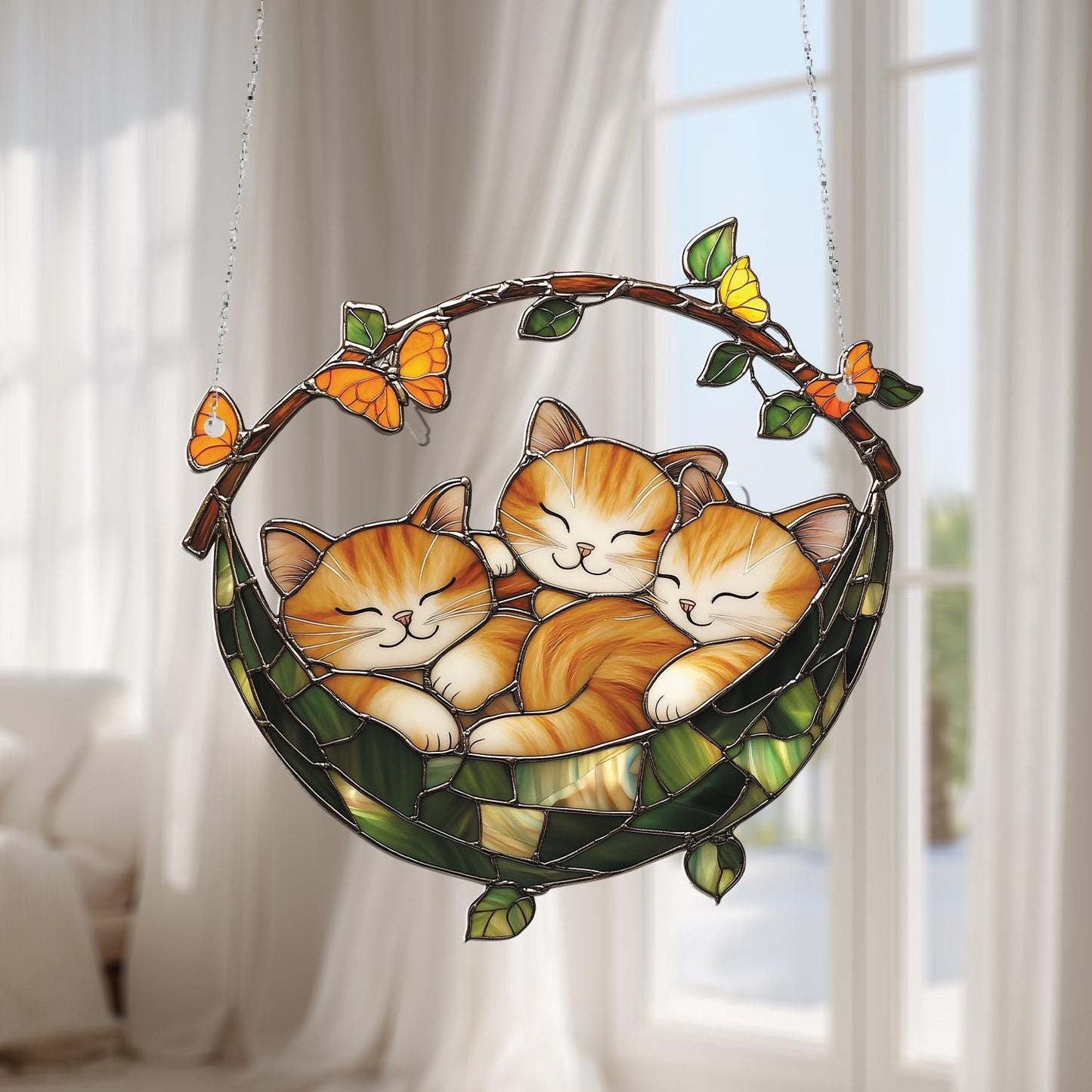 Adorable Three Cats Window Hanging with Butterflies, Cozy and Cute Feline Decor Gift for Cat Lovers and Warm Home Decoration