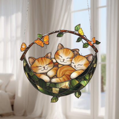 Adorable Three Cats Window Hanging with Butterflies, Cozy and Cute Feline Decor Gift for Cat Lovers and Warm Home Decoration