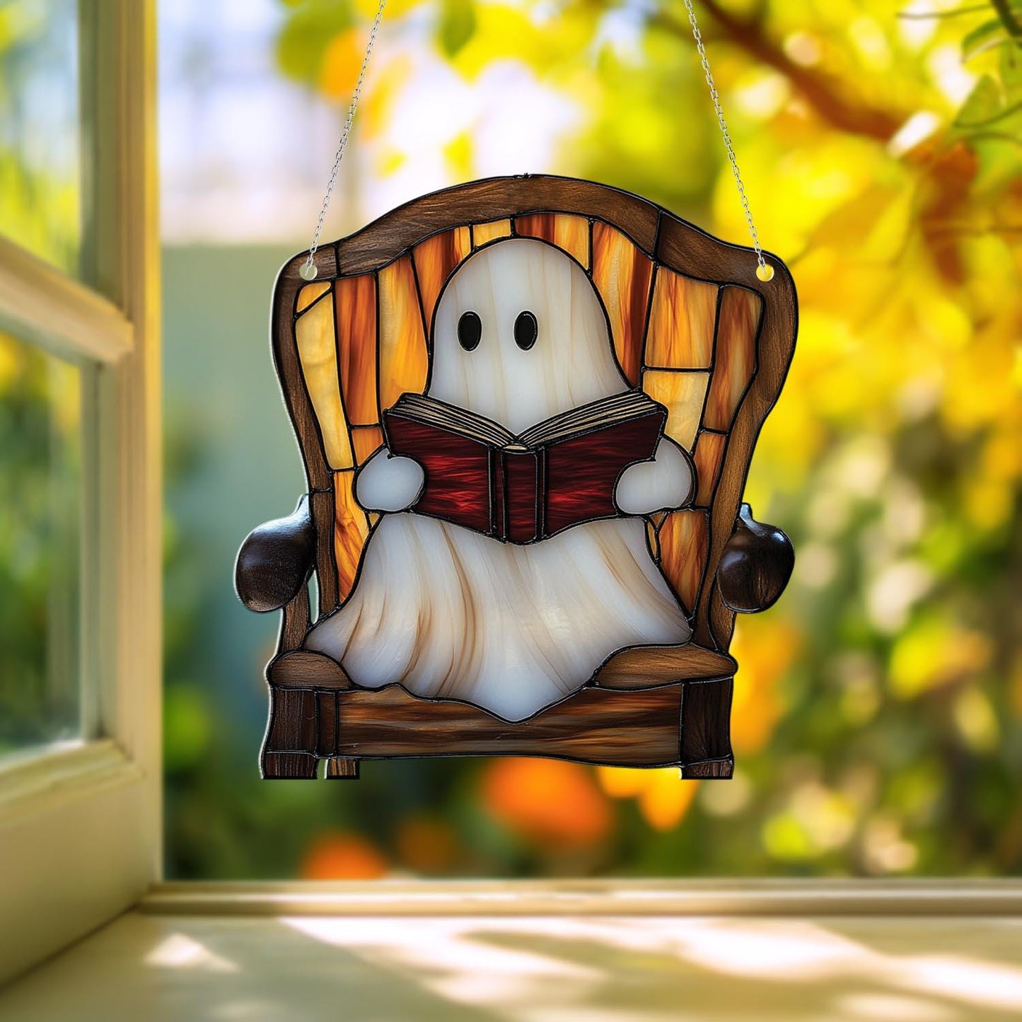 Ghost Reading Window Hanging – Cozy Spooky Halloween Decor for Book Lovers, Witchy Ghost Room Aesthetic, Cute Ghost Home Window Art