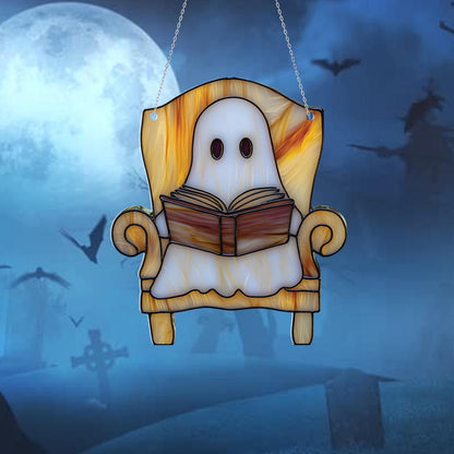 Ghost Reading Window Hanging – Cozy Spooky Halloween Decor for Book Lovers, Witchy Ghost Room Aesthetic, Cute Ghost Home Window Art