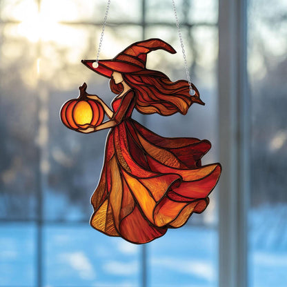 Halloween Witch with Pumpkin Window Hanging, Spooky Autumn Home Decor, Gothic Fall Ornament for Halloween and Witchy Lovers