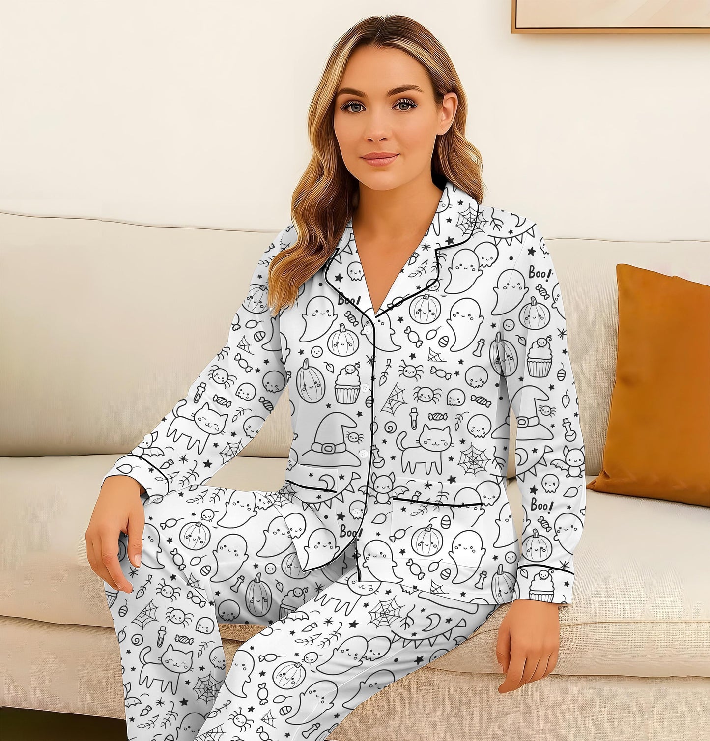 Halloween Pattern Pajamas Set, Cute Boo Witch Pumpkin Bat Spider Web Sleepwear, Spooky Season Gift, Halloween Matching Set