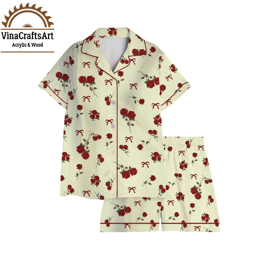 Rose Coquette Pajama Set – Vintage Floral Sleepwear for Women, Romantic Cottagecore Loungewear, Bow & Red Rose Print Cozy Nightwear