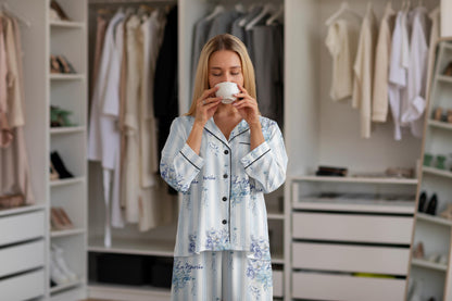 Bridgerton Inspired Something Blue Satin Bridal Pajamas – Vintage Floral Stripe Bride Getting Ready Sleepwear Set – Wedding Morning Outfit