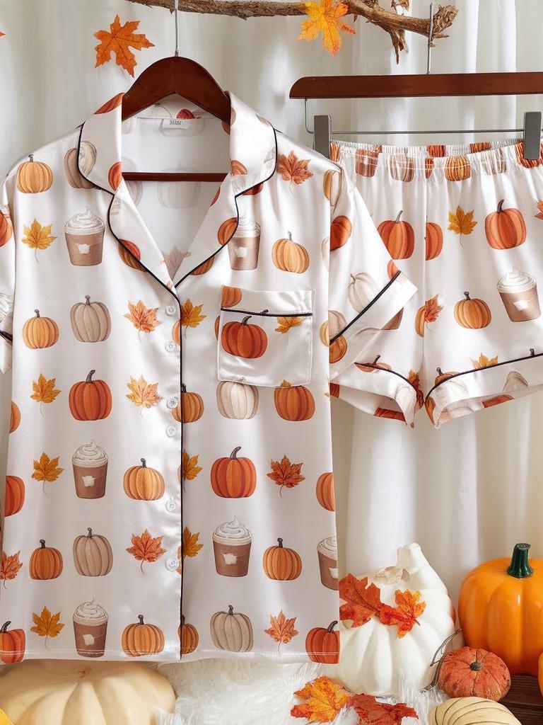 Cozy Fall Aesthetic Satin Pajamas Set, Autumn Pajamas, Fall Pajamas, Pumpkin Pajamas, Family Pajamas, Pumpkin Latte Pjs, Cozy Season Pajamas