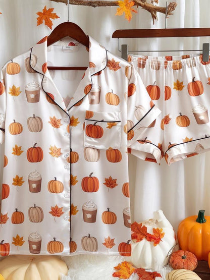 Cozy Fall Aesthetic Satin Pajamas Set, Autumn Pajamas, Fall Pajamas, Pumpkin Pajamas, Family Pajamas, Pumpkin Latte Pjs, Cozy Season Pajamas