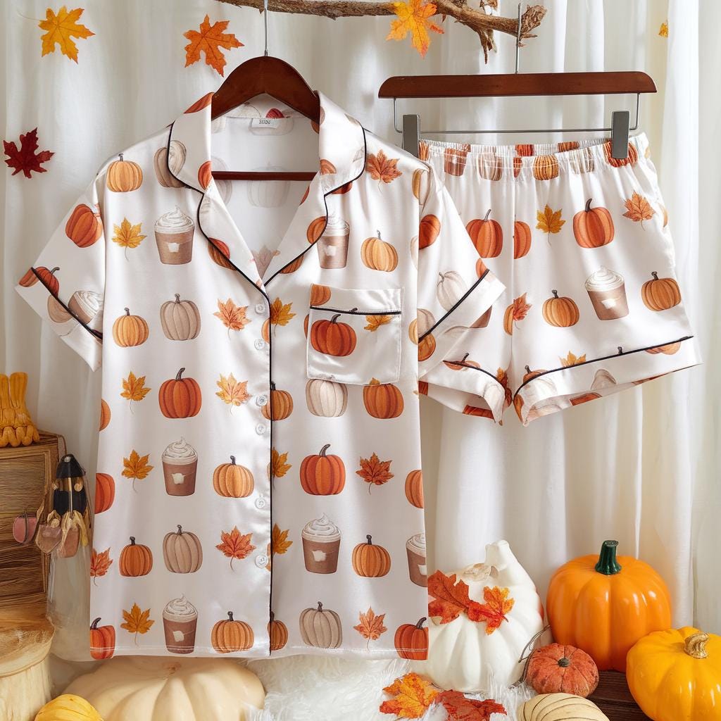 Cozy Fall Aesthetic Satin Pajamas Set, Autumn Pajamas, Fall Pajamas, Pumpkin Pajamas, Family Pajamas, Pumpkin Latte Pjs, Cozy Season Pajamas