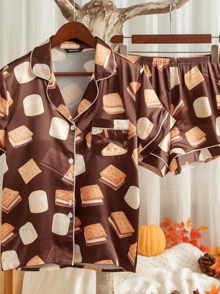 Cute S’mores Satin Pajamas Set, Autumn Pajamas, Cozy Fall Pajamas, Chocolate Pajamas, Fall Snack Pyjamas, Halloween Pjs, Cozy Season Pajamas
