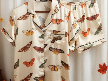 Cute Butterflies Satin Pajamas Set, Magical Moths Pajamas, Autumn Pajamas, Cozy Fall Aesthetic  Pajamas, Moth Collection Pjs, Halloween Pjs