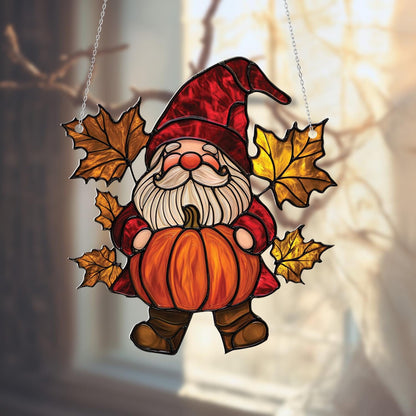 Autumn Gnome With Pumpkin And Golden Maple Leaves Window Hanging, Cozy Seasonal Accent For Warm And Festive Home Décor
