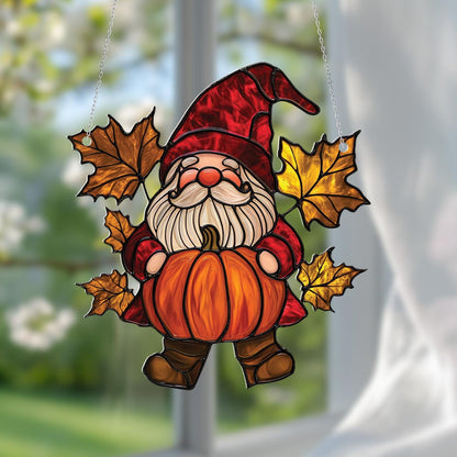 Autumn Gnome With Pumpkin And Golden Maple Leaves Window Hanging, Cozy Seasonal Accent For Warm And Festive Home Décor