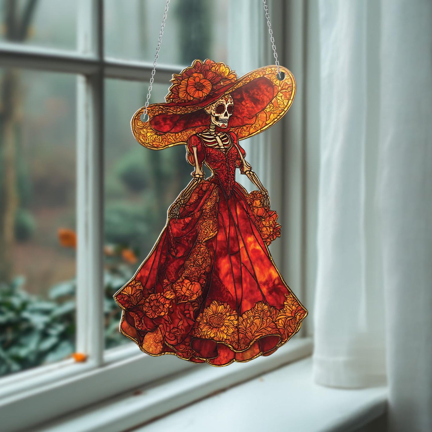 Elegant Day Of The Dead Lady In Red Dress And Wide Hat Window Hanging, Vibrant Décor For A Bold And Artistic Festive Touch