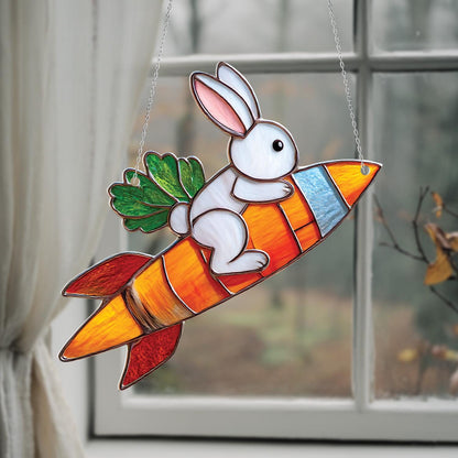 Adorable Bunny Riding Carrot Rocket Window Hanging, Whimsical Springtime Décor For Cute And Playful Home Or Nursery Accent