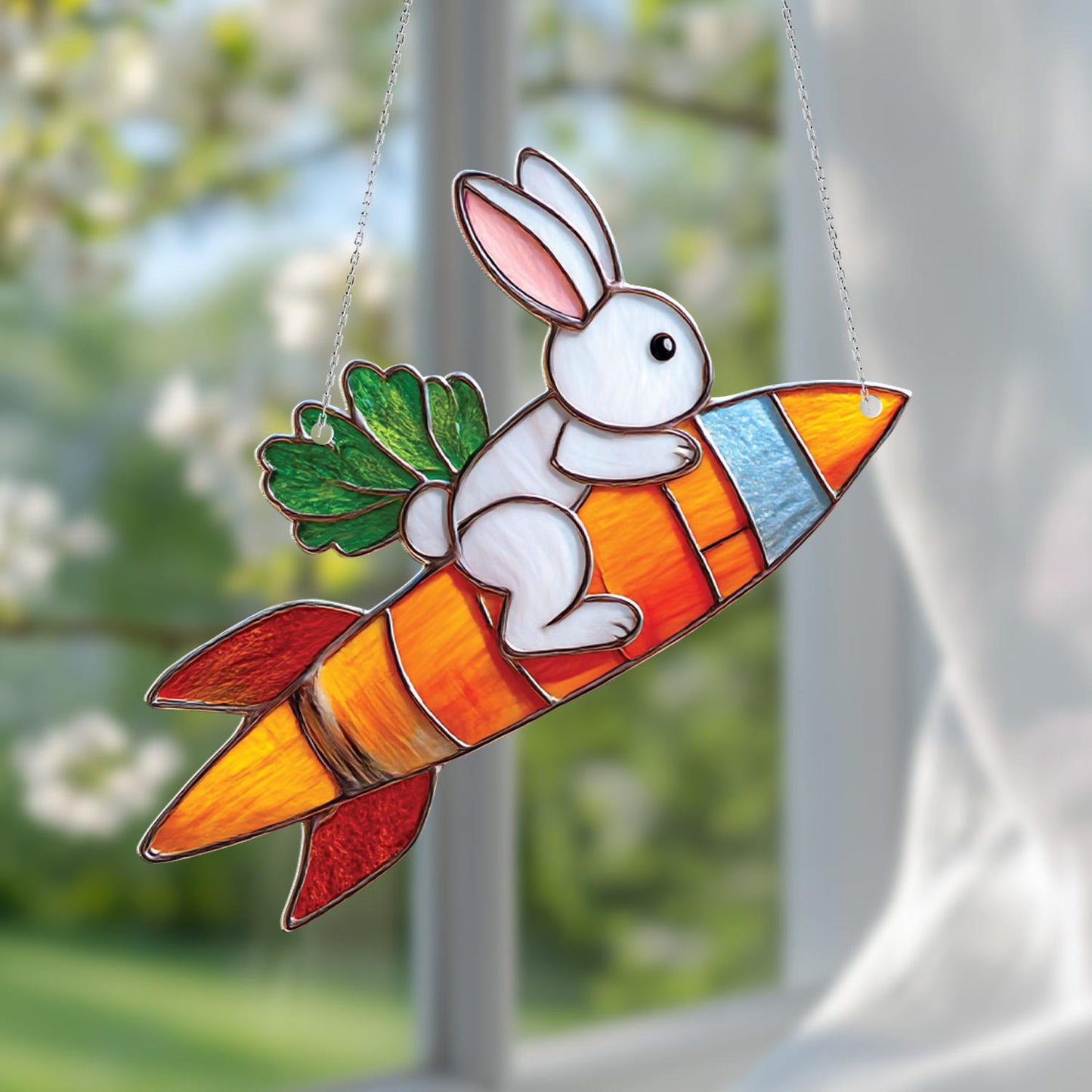Adorable Bunny Riding Carrot Rocket Window Hanging, Whimsical Springtime Décor For Cute And Playful Home Or Nursery Accent