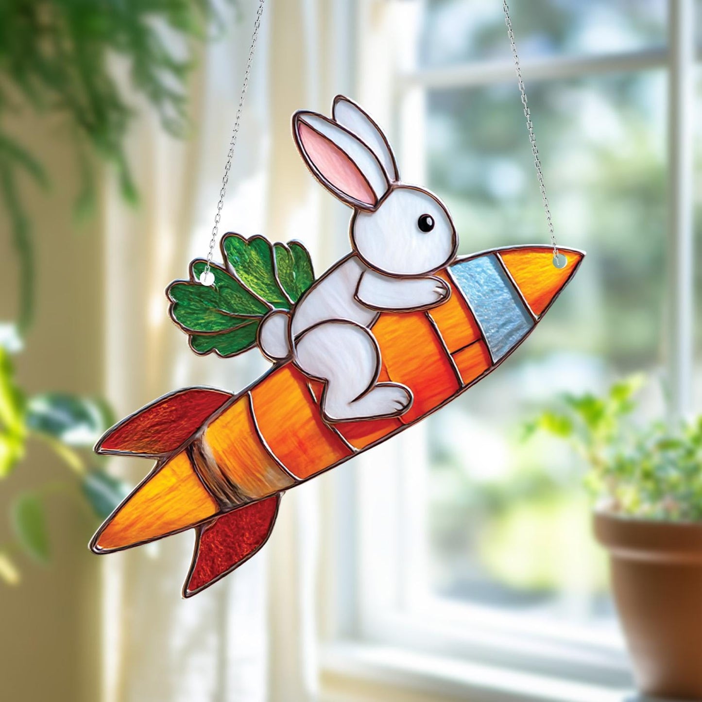 Adorable Bunny Riding Carrot Rocket Window Hanging, Whimsical Springtime Décor For Cute And Playful Home Or Nursery Accent