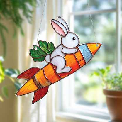 Adorable Bunny Riding Carrot Rocket Window Hanging, Whimsical Springtime Décor For Cute And Playful Home Or Nursery Accent
