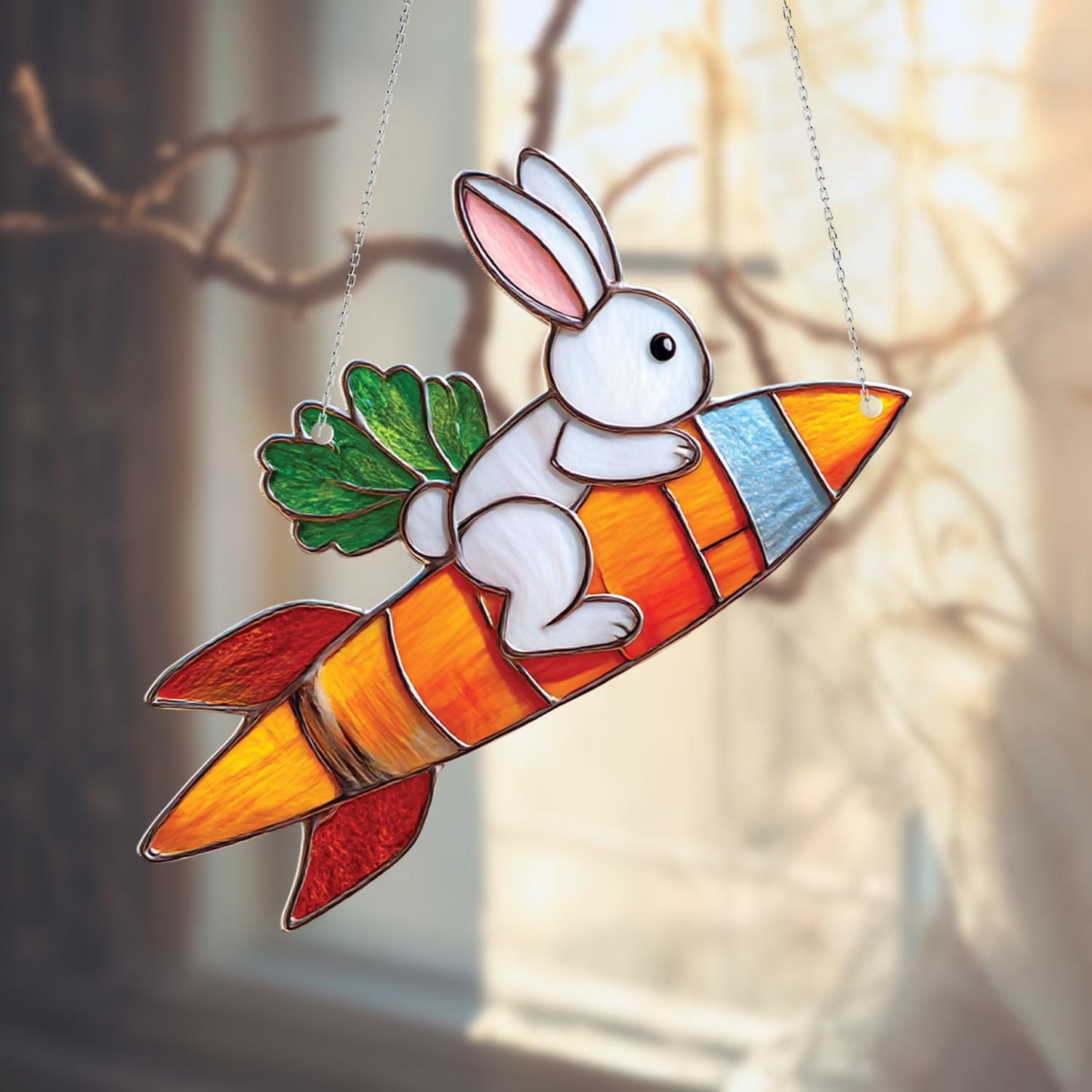 Adorable Bunny Riding Carrot Rocket Window Hanging, Whimsical Springtime Décor For Cute And Playful Home Or Nursery Accent