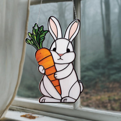 Adorable White Bunny Holding Carrot Window Hanging, Charming Springtime Décor For Playful, Cute, And Whimsical Home Or Nursery Accent