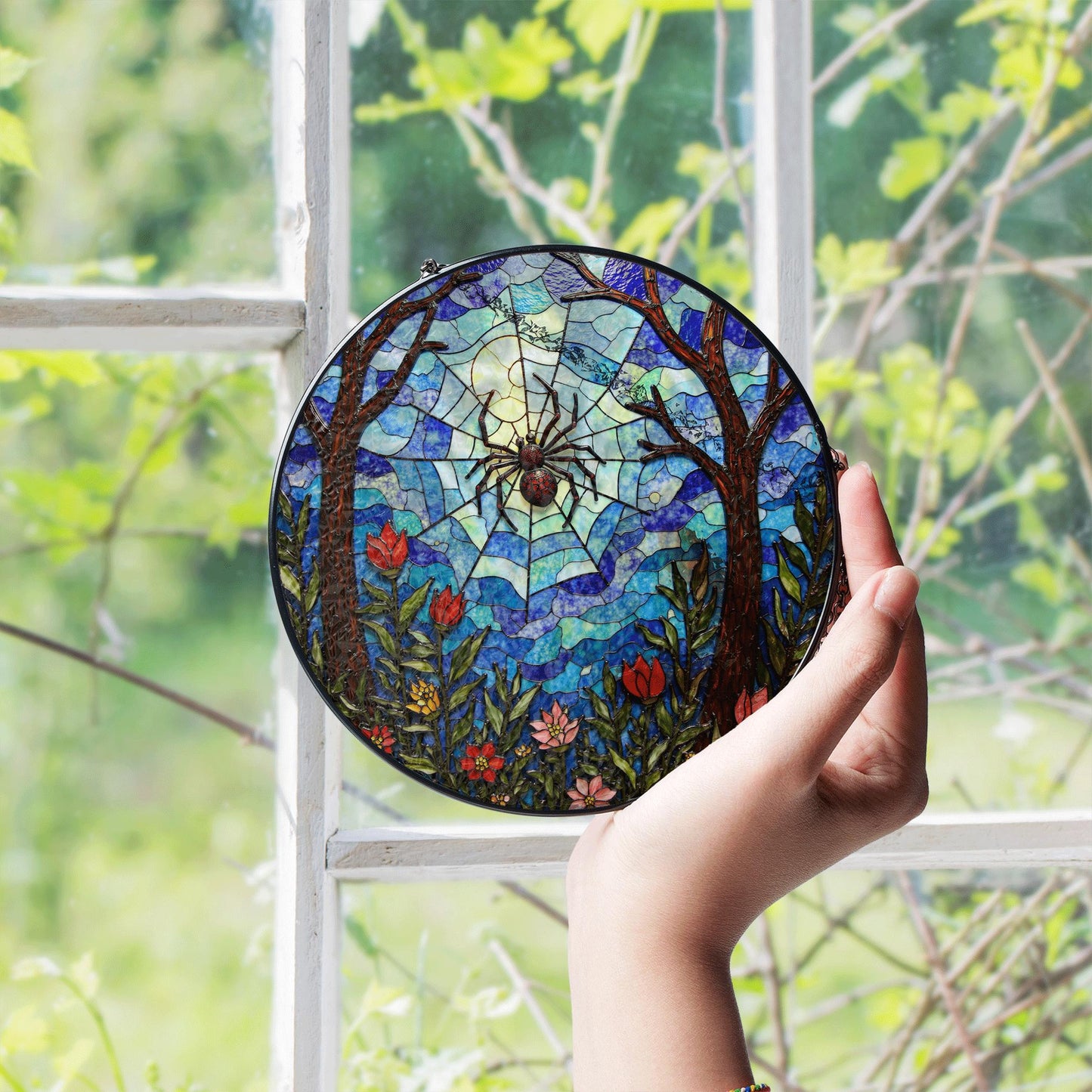 Suncatcher stained glass spider web forest flowers gift for mom Halloween gift